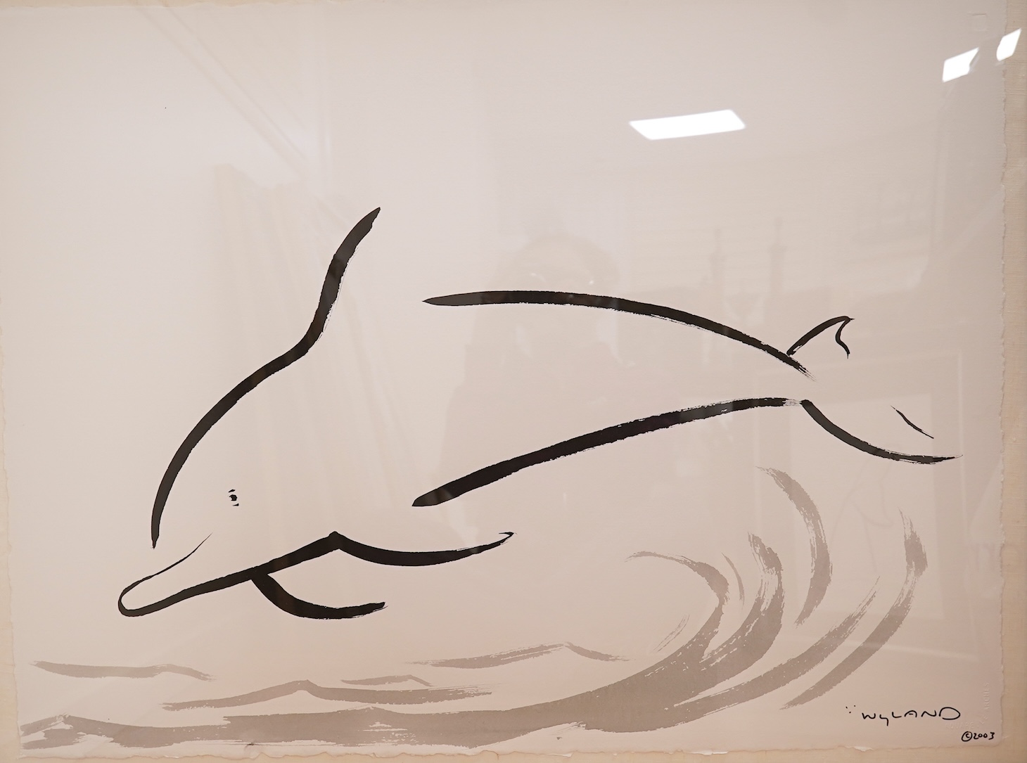 Robert Wyland (American, b.1956), Dolphin leaping waves, signed and dated 2003, pen, ink and watercolour, 58 x 76cm, and another of a tail fin